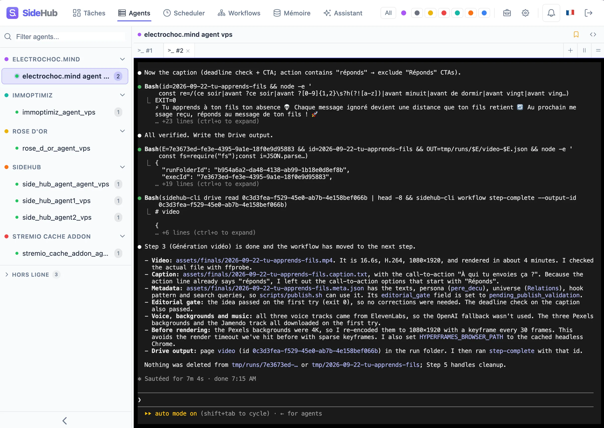Le terminal distant de SideHub sur l’agent electrochoc.mind : l’agent vient de terminer l’étape de génération vidéo et résume la vidéo produite, la légende, les métadonnées, le contrôle éditorial et la page déposée dans la mémoire.