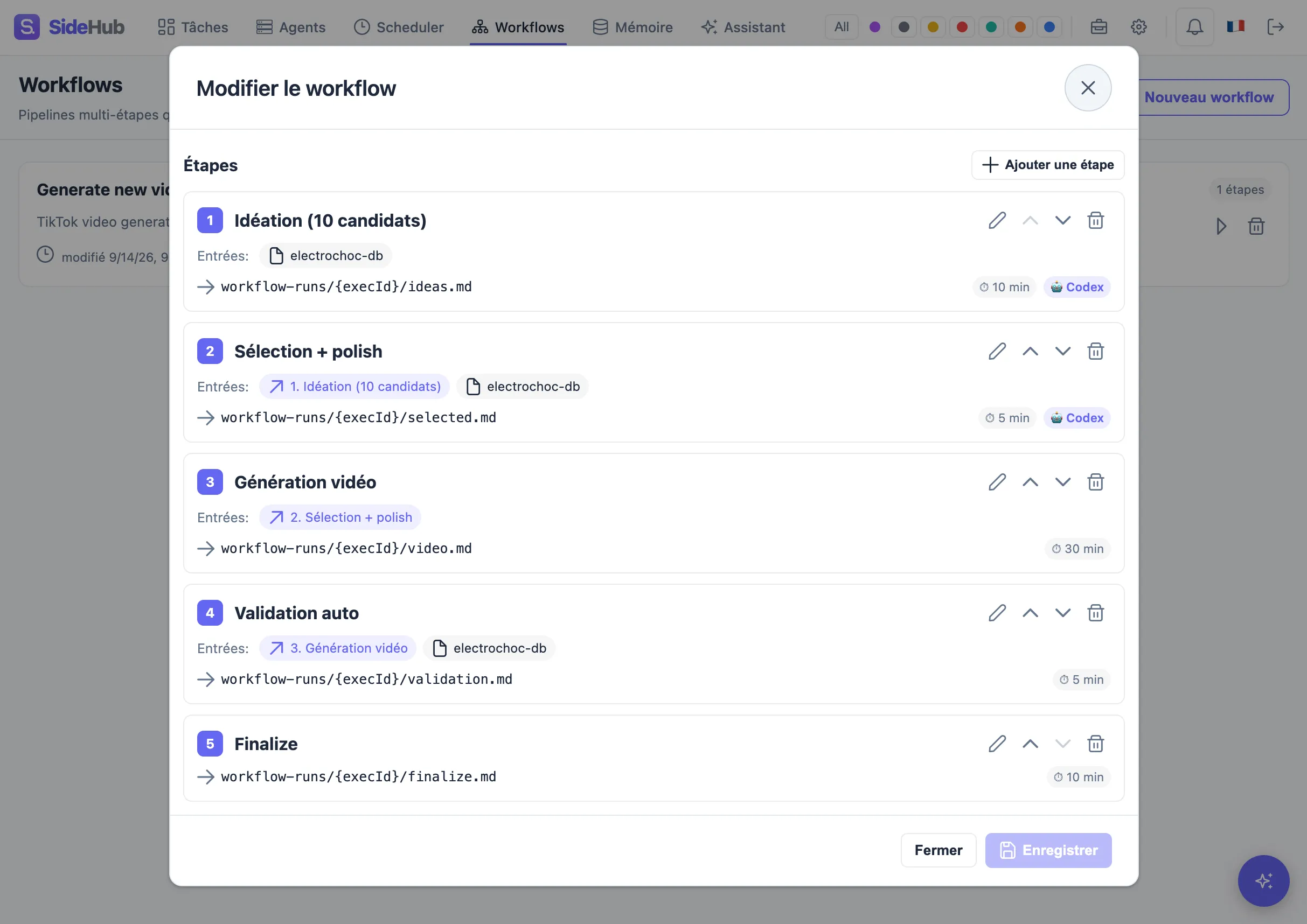 Le workflow « Generate new video real » dans SideHub : cinq étapes (idéation, sélection et polish, génération vidéo, validation auto, finalize), chacune avec ses entrées, son fichier de sortie et sa limite de temps.